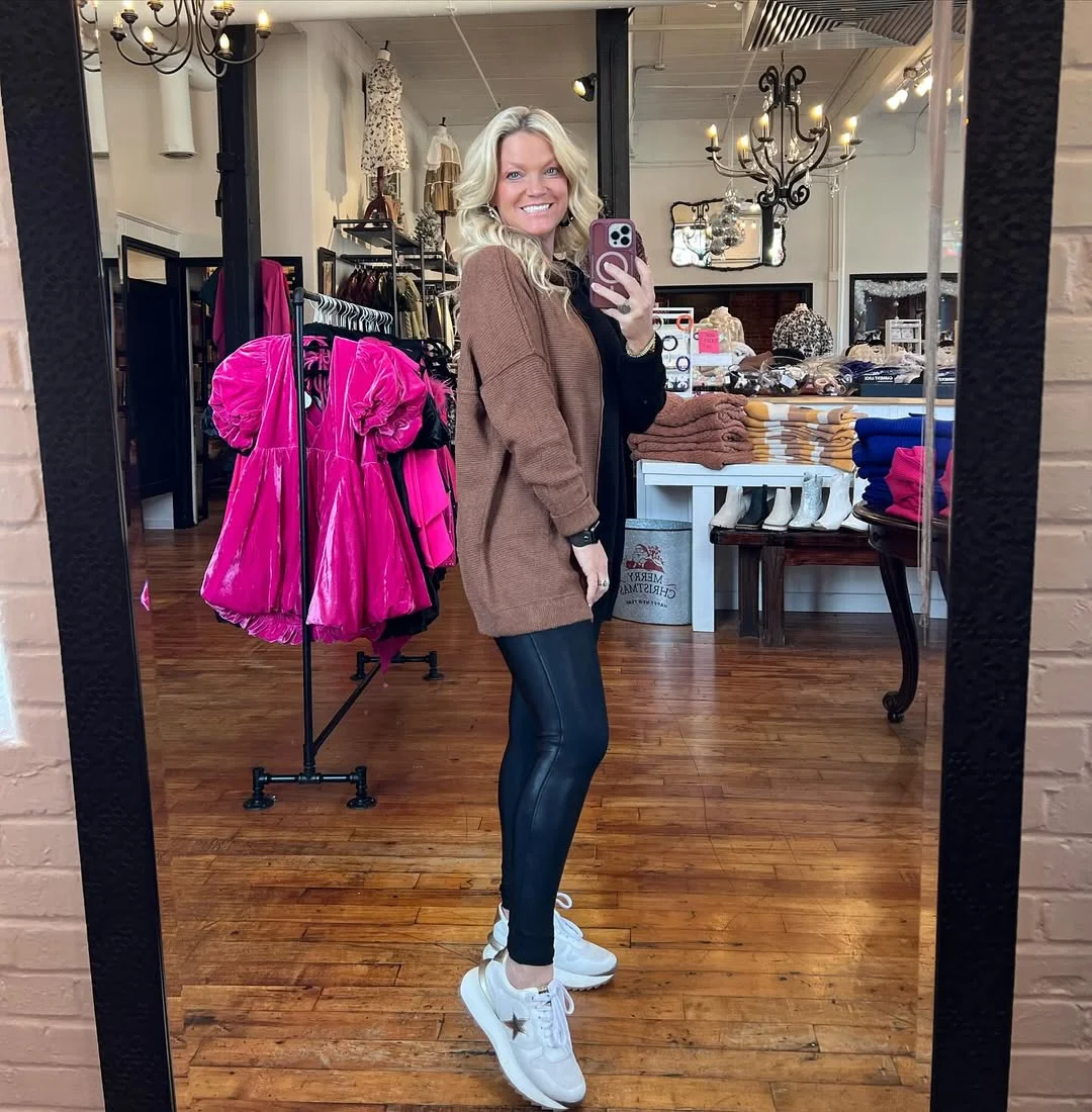 fall outfits with leggings and sneakers 2026 Brown Cardigan With Black Faux Leather Leggings