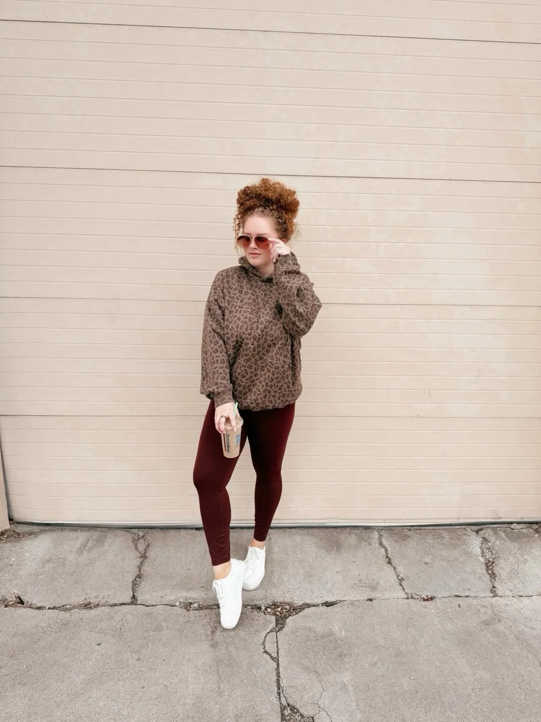fall outfits with leggings and sneakers 2026 Leopard Hoodie And Burgundy Leggings For A Playful Off-Duty Look