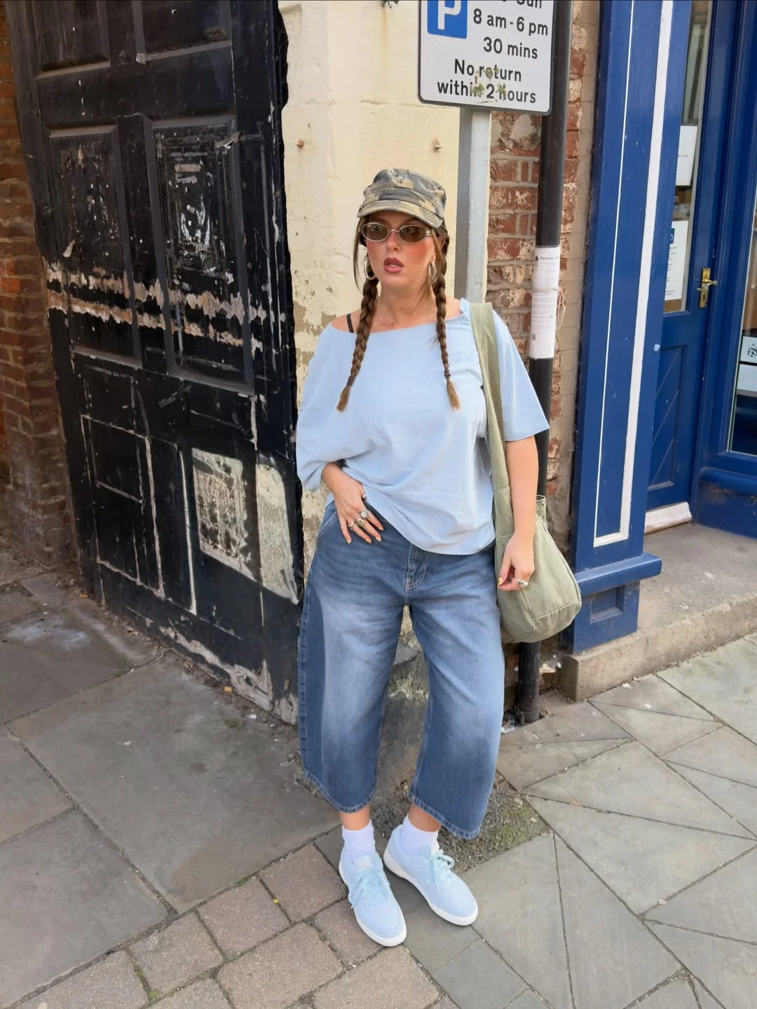 fall outfits with sneakers and jeans 2026 + Soft Blue Tee With Cropped Jeans and Powder Blue Sneakers