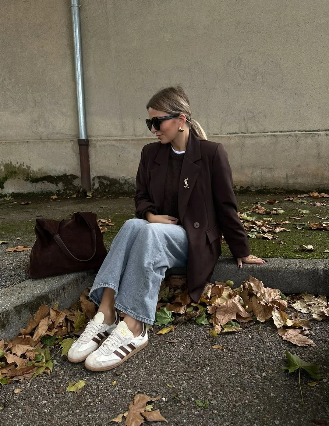 fall outfits with sneakers and jeans 2026 + Chocolate Blazer With Light Denim and Retro Brown Sneakers