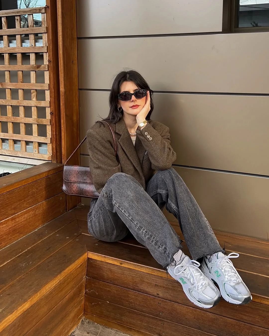 fall outfits with sneakers and jeans 2026 + Textured Brown Blazer With Gray Jeans and Silver Runners