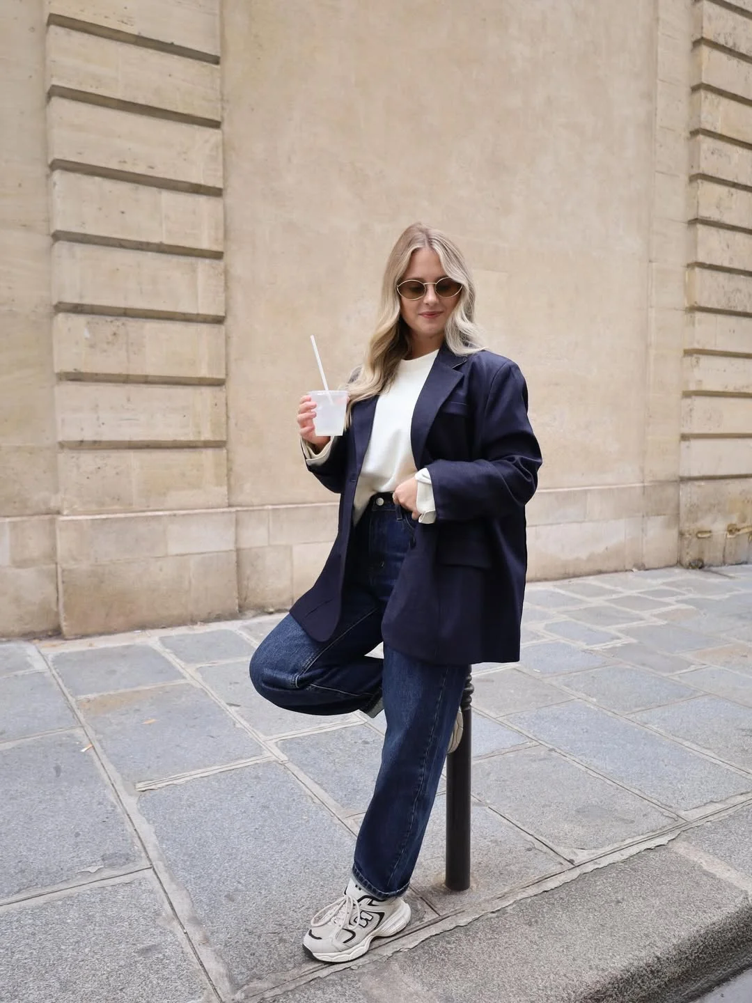 fall outfits with sneakers and jeans 2026 + Navy Blazer, Dark Jeans, and Sporty Gray Sneakers