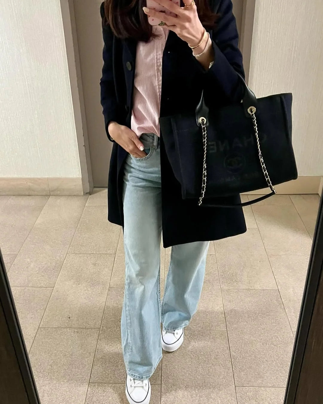fall outfits with sneakers and jeans 2026 + Pink Shirt and Navy Blazer With Light-Wash Jeans