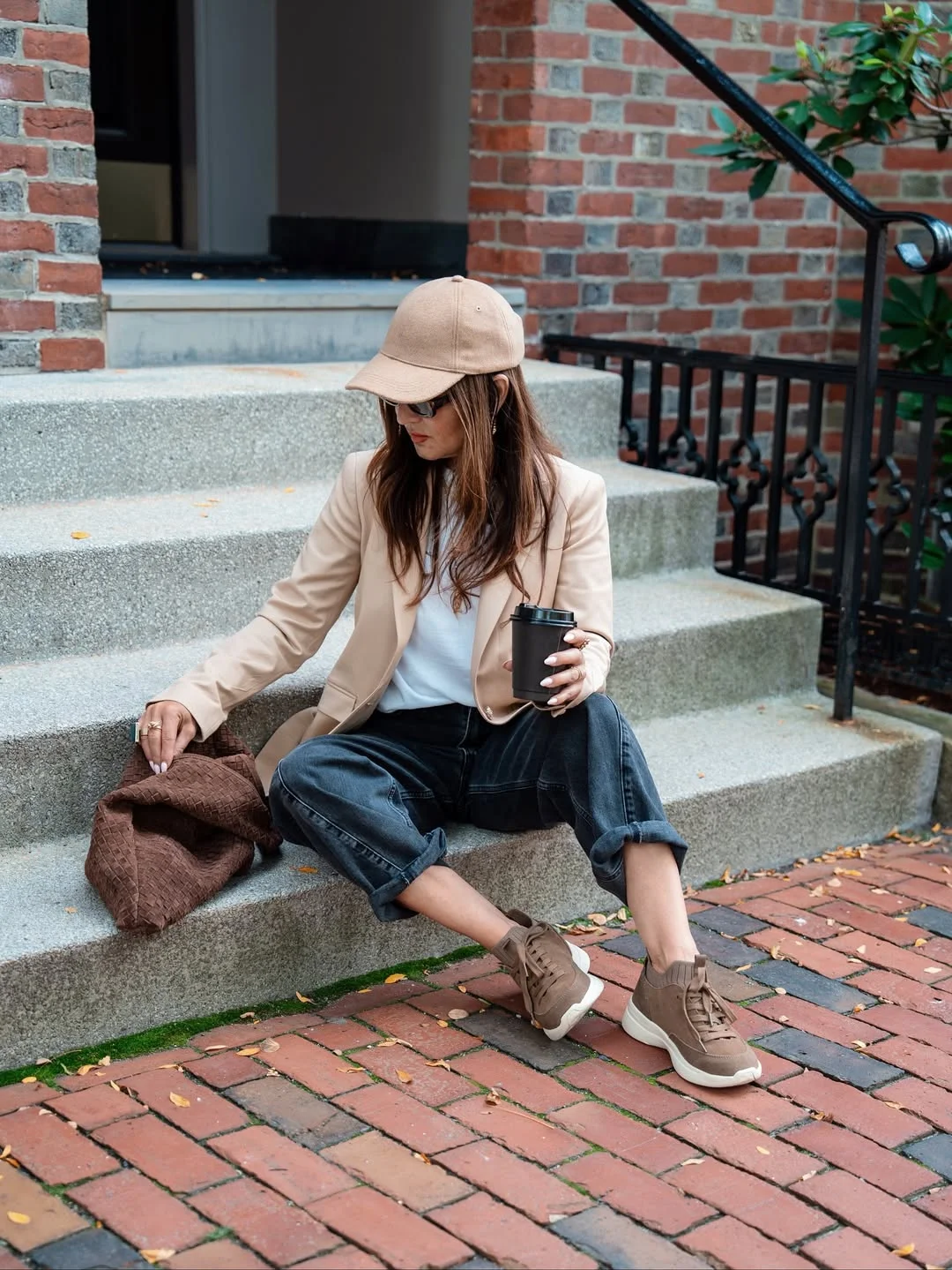 fall outfits with sneakers and jeans 2026 + Tailored Blazer, Cuffed Jeans, and Taupe Sneakers