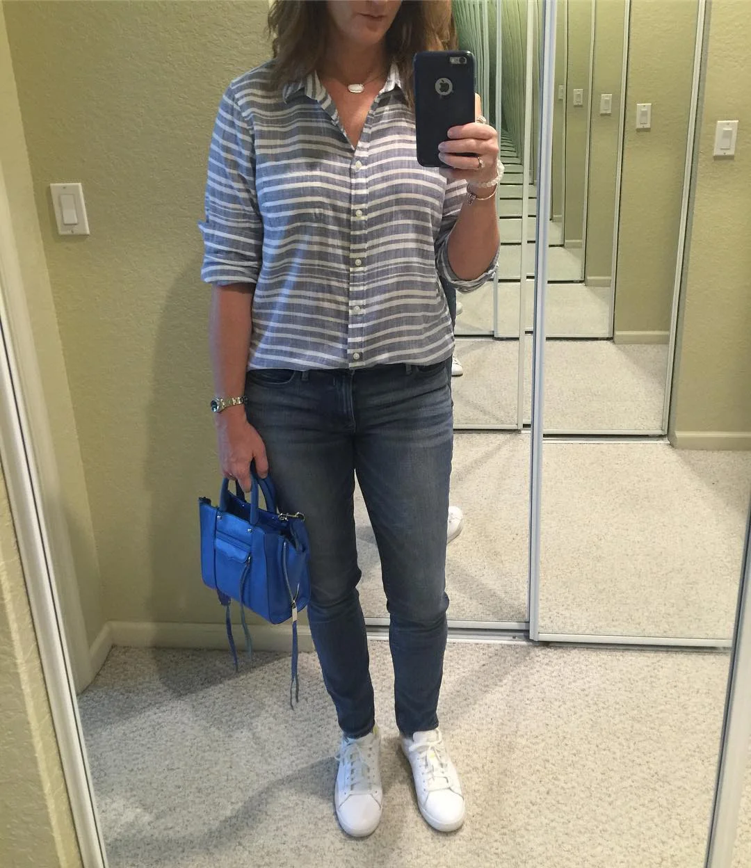 fall outfits with sneakers and jeans 2026 + Striped Shirt, Dark Jeans, and Everyday White Sneakers