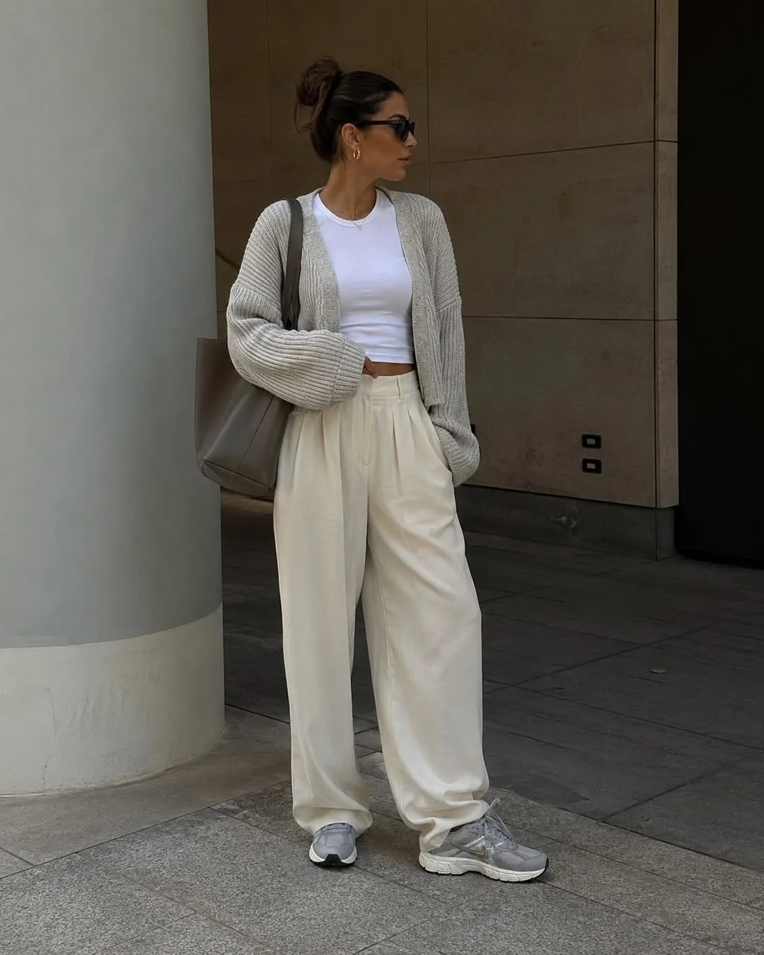 fall outfits with sneakers and jeans 2026 + Cream Wide-Leg Trousers With Gray Running Sneakers