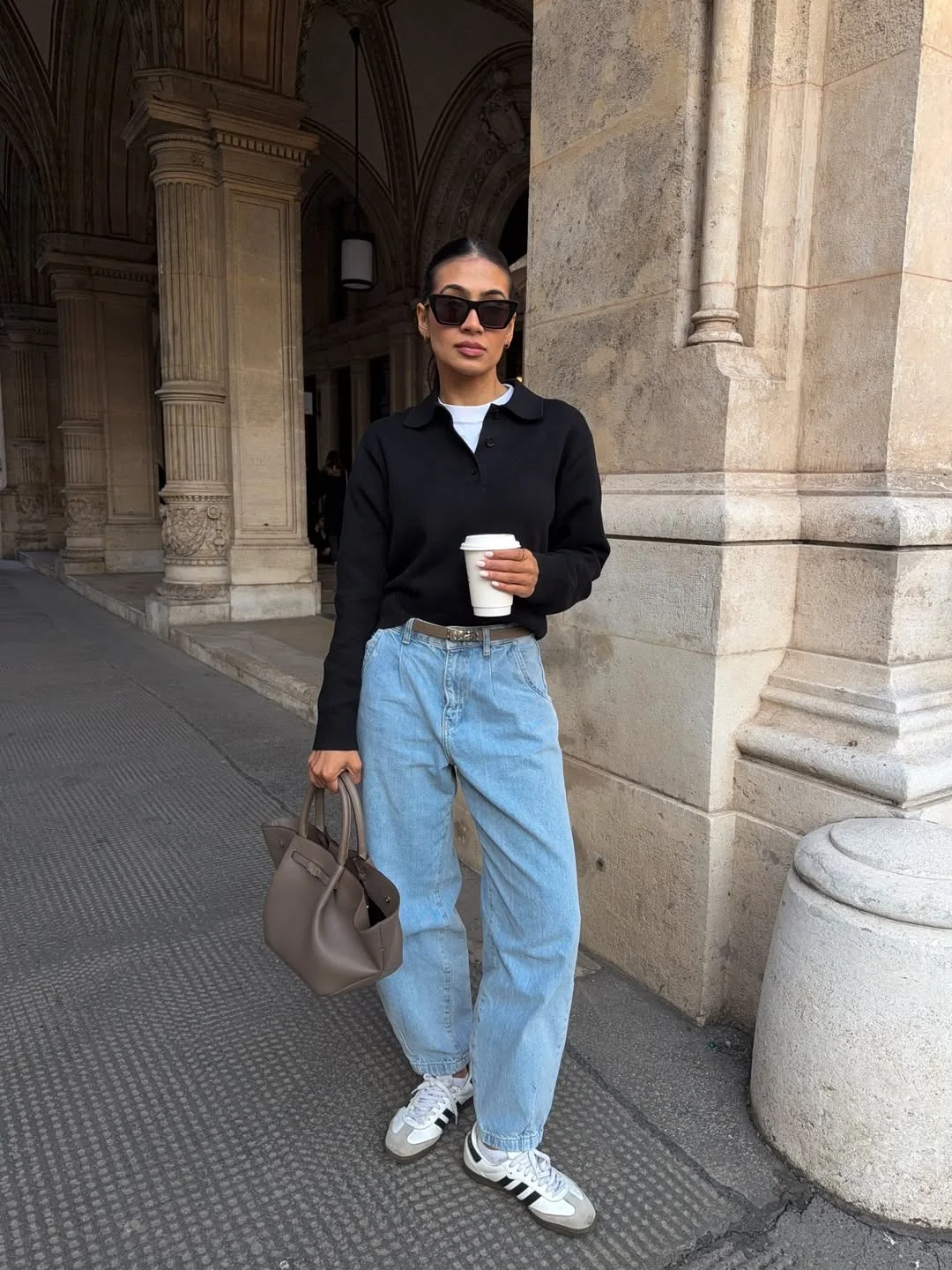 fall outfits with sneakers and jeans 2026 + Black Polo Knit With Light Blue Relaxed Jeans