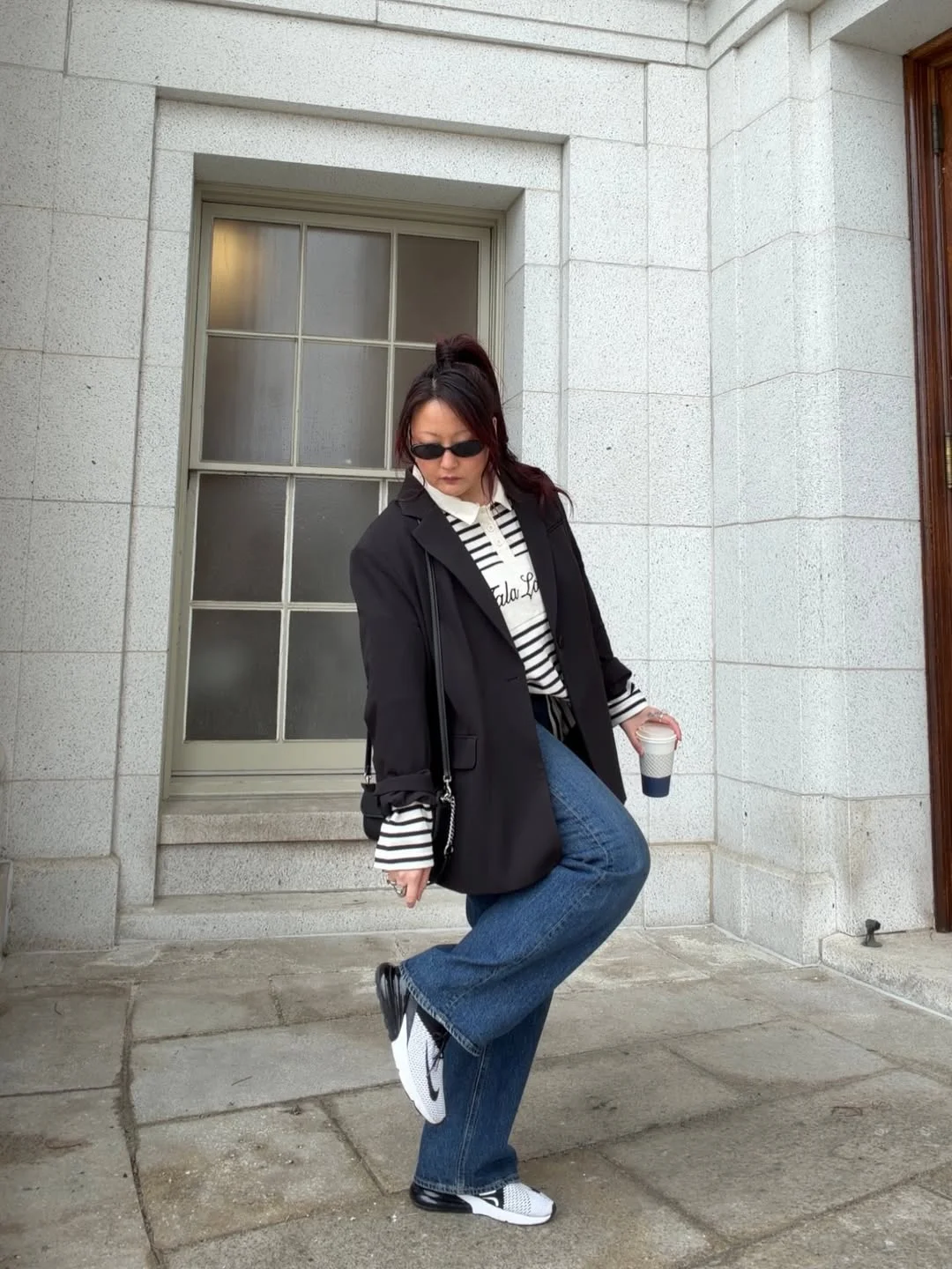 fall outfits with sneakers and jeans 2026 + Striped Rugby Top and Blazer With Dark Denim