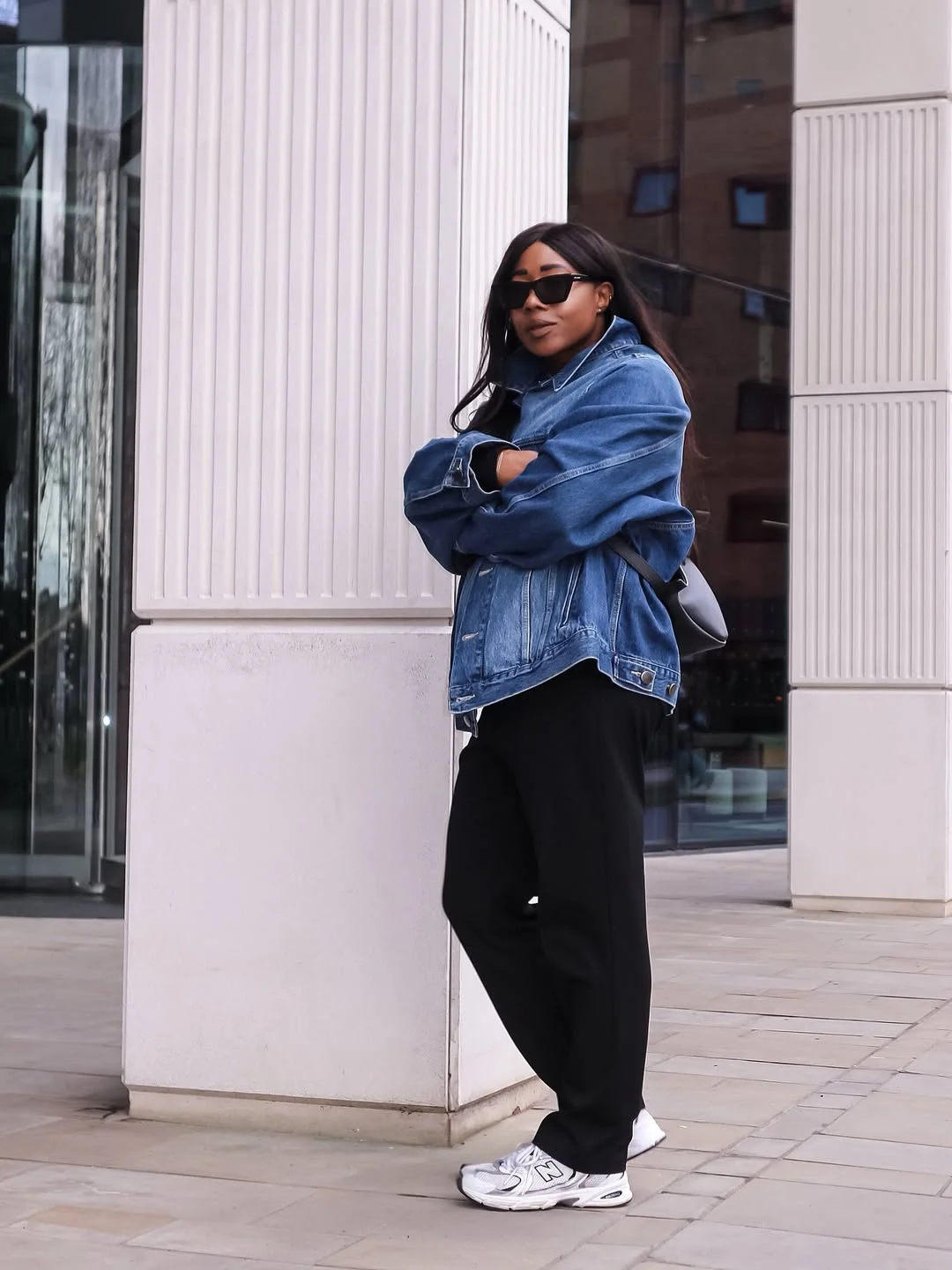 fall outfits with sneakers and jeans 2026 + Oversized Denim Jacket With Black Wide-Leg Trousers