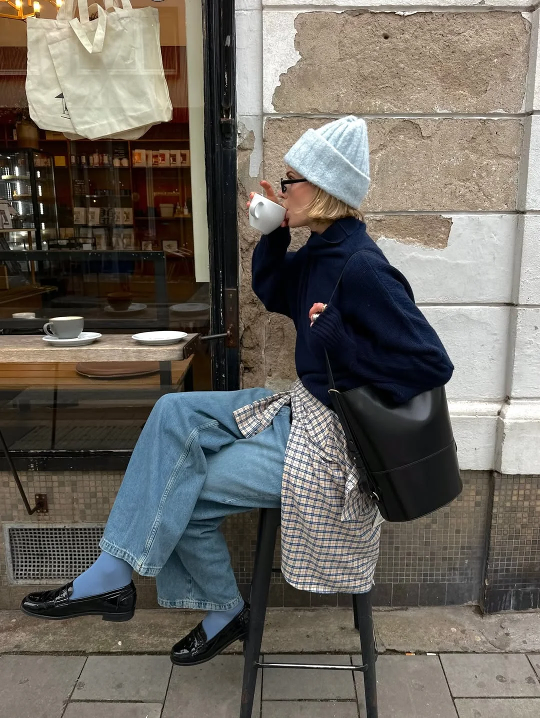 fall outfits with sweater 2026 + Navy Knit, Faded Denim, and Patent Loafers