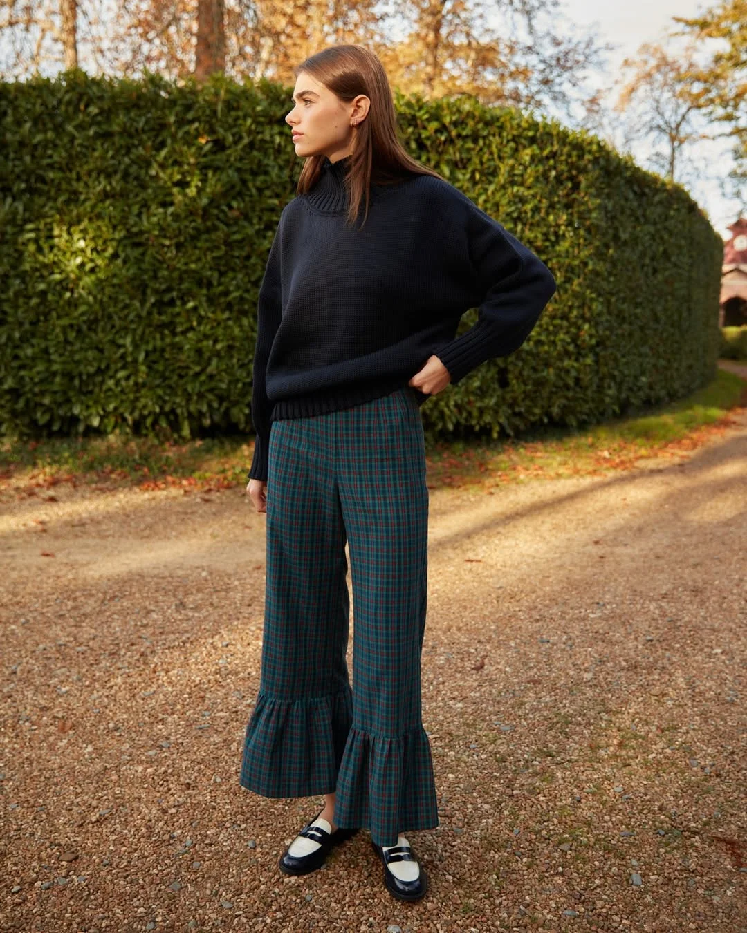 fall outfits with sweater 2026 + Black Turtleneck with Checked Flared Trousers