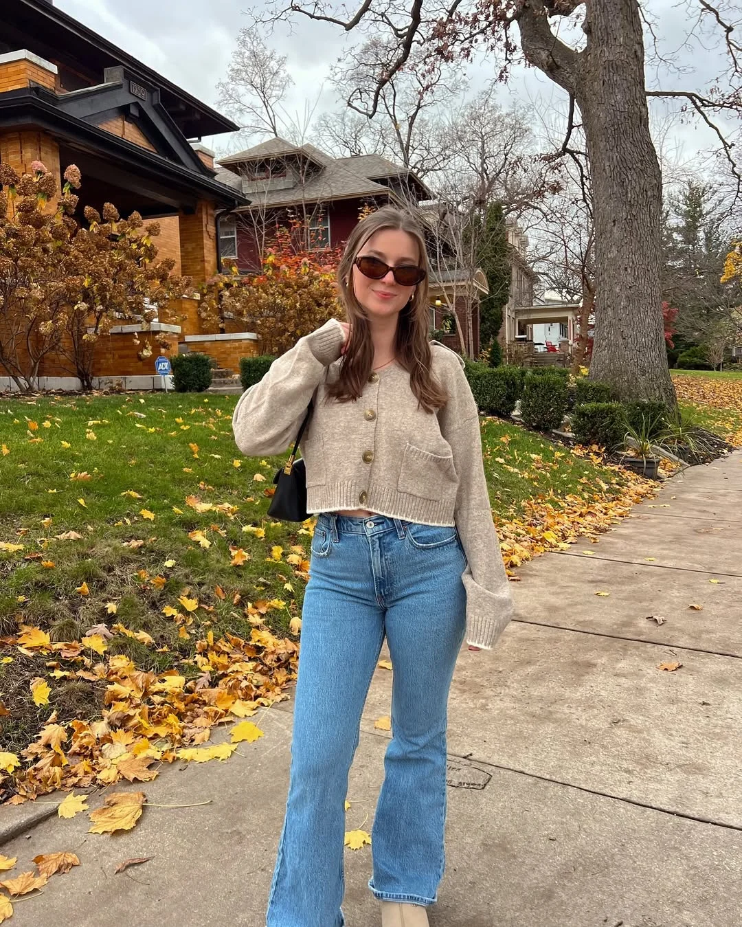fall outfits with sweater 2026 + Cropped Oatmeal Cardigan with Light-Wash Denim