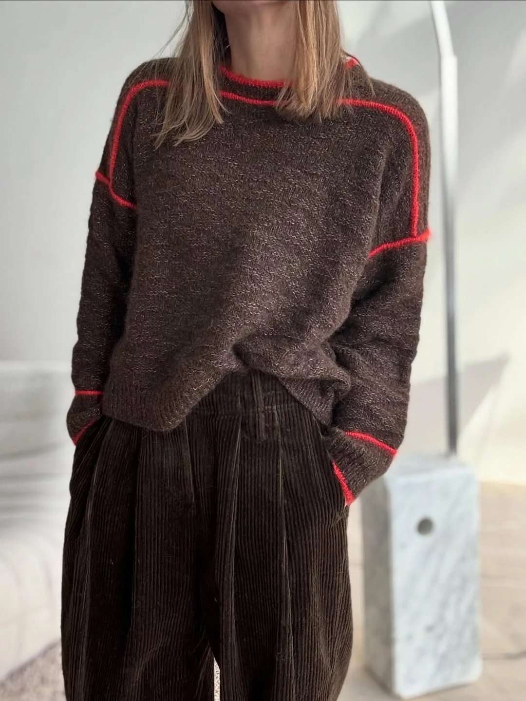 fall outfits with sweater 2026 + Chocolate Brown Knit with a Red-Trim Twist