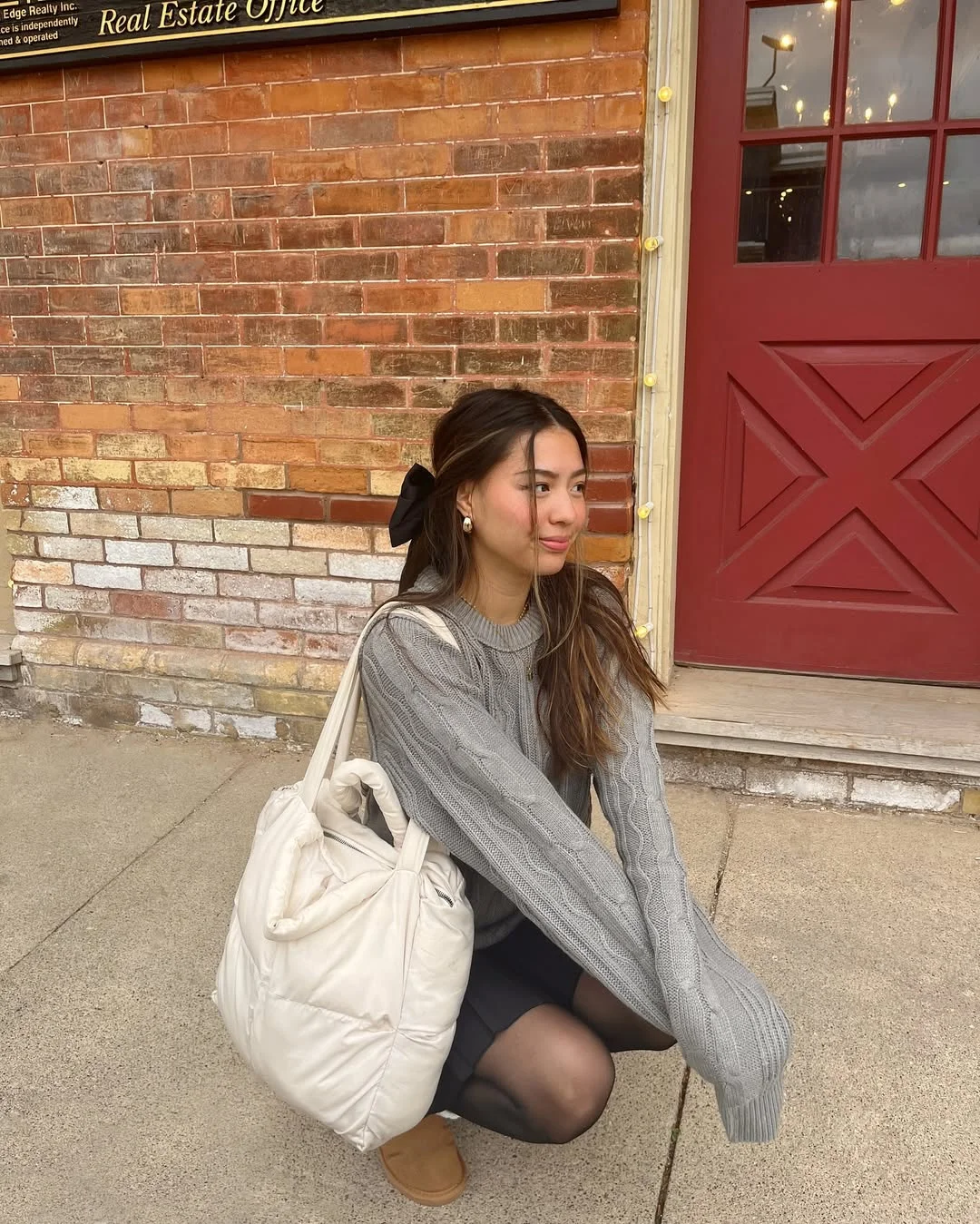 fall outfits with sweater 2026 + Gray Cable Knit, Black Mini Skirt, and Shearling Boots