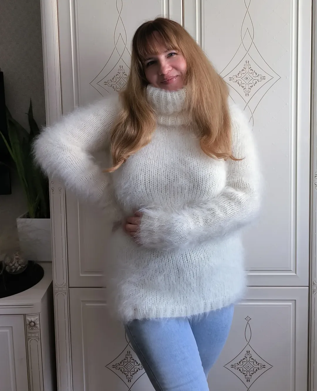 fall outfits with sweater 2026 + Cloud-White Turtleneck with Light Blue Denim