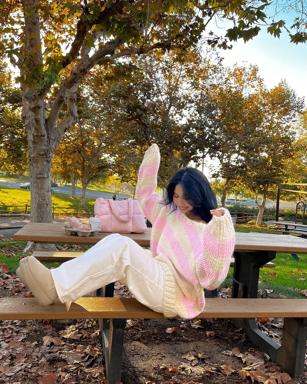 fall outfits with sweater 2026 + Pink Stripes and Cream Layers for a Bright Fall Day