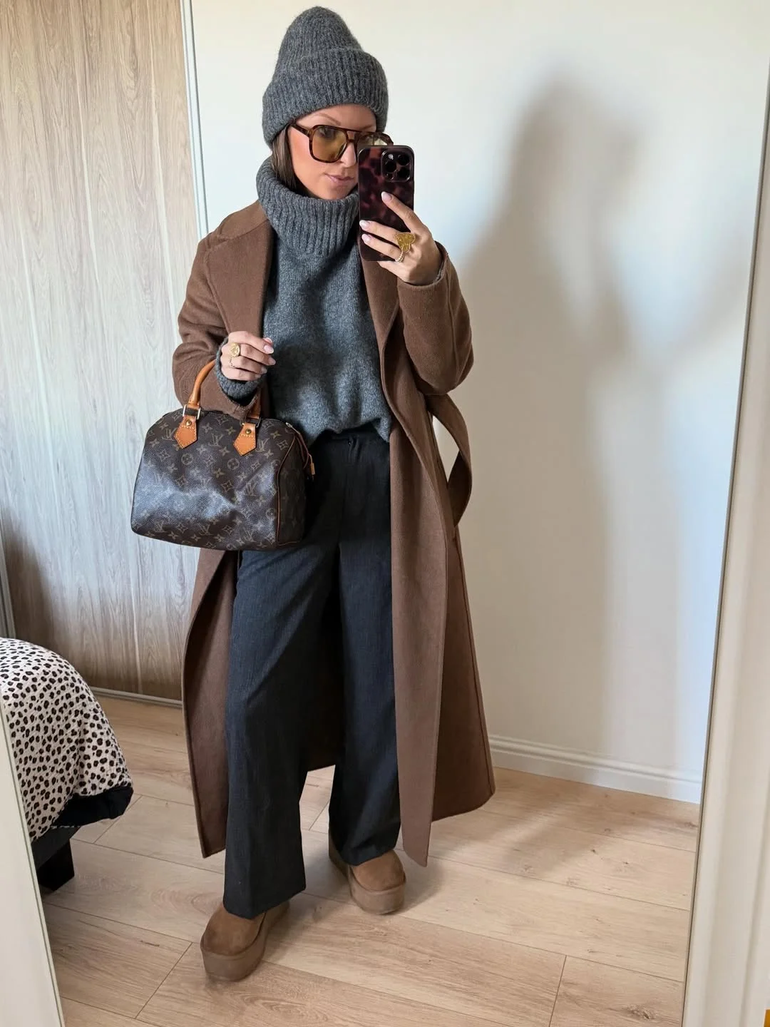 fall outfits with sweater 2026 + Long Brown Coat and a Chunky Gray Turtleneck