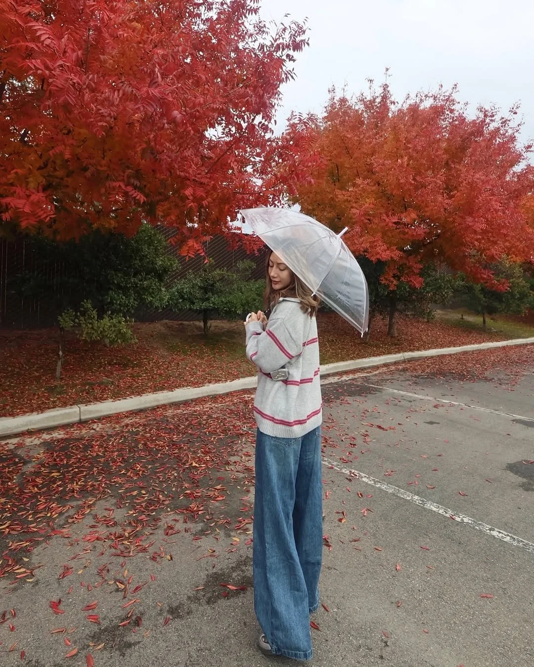 fall outfits with sweater 2026 + Soft Gray Stripes for a Rainy Fall Day