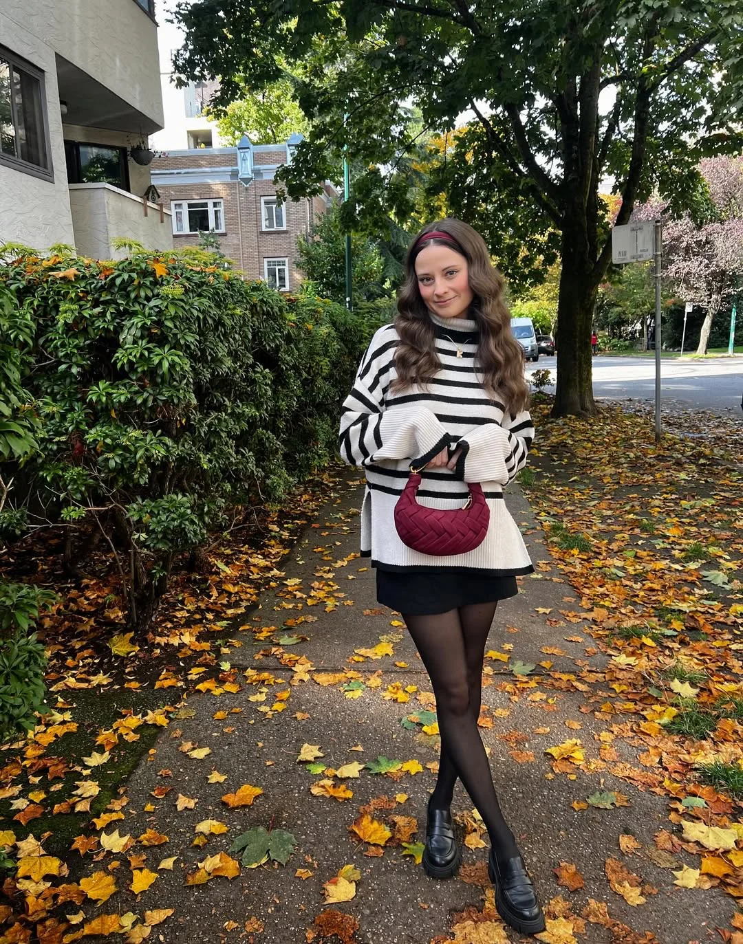 fall outfits with sweater 2026 + Black and White Stripes with a Mini Skirt