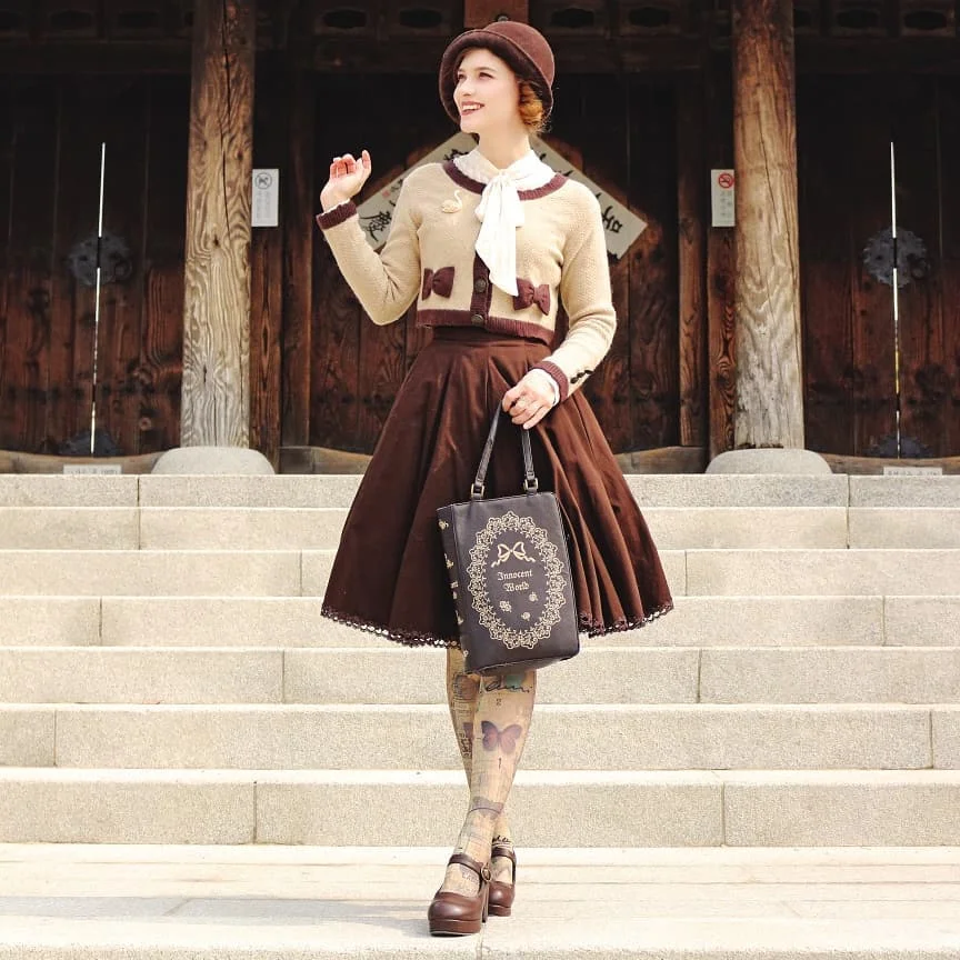 fall outfits with tights and skirt 2026 + Chocolate Circle Skirt with Storybook Tights