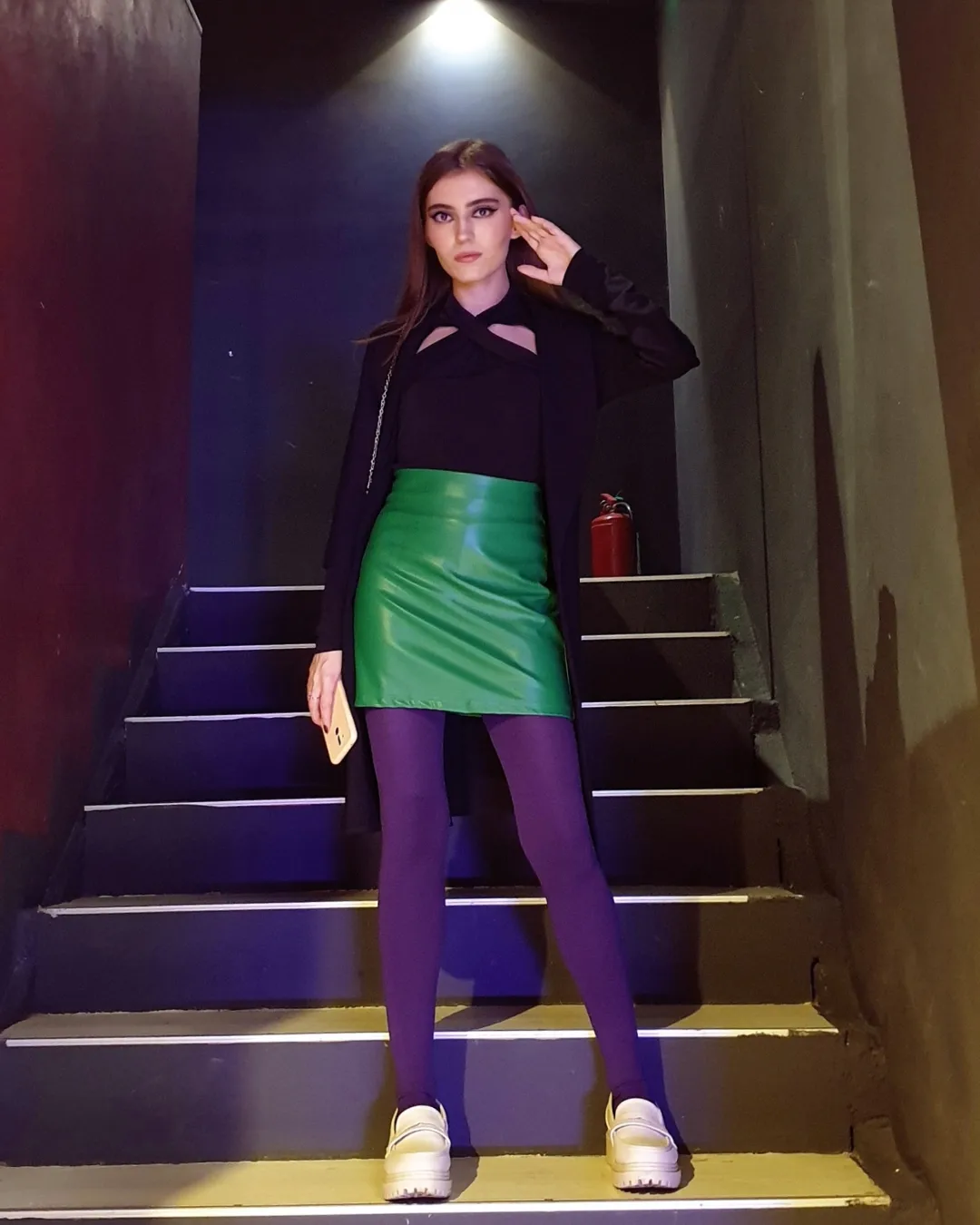fall outfits with tights and skirt 2026 + Green Mini Skirt with Purple Tights and White Loafers