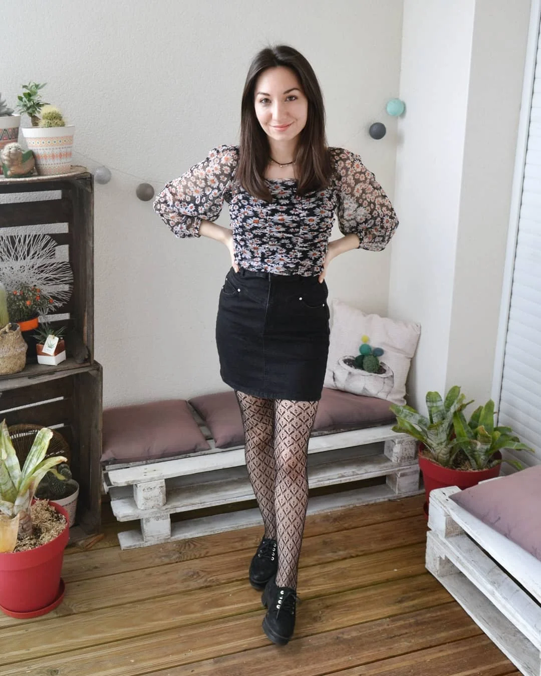fall outfits with tights and skirt 2026 + Black Denim Mini with Diamond-Pattern Tights