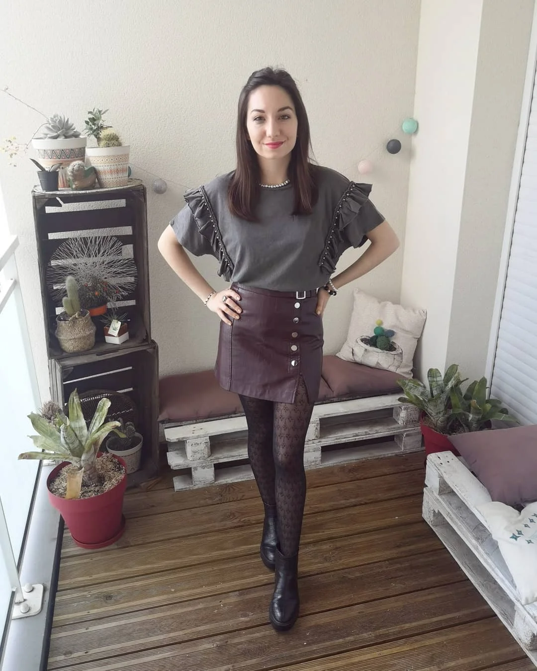 fall outfits with tights and skirt 2026 + Burgundy Leather Mini with Romantic Ruffle Details