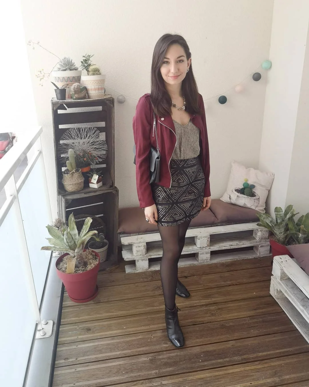 fall outfits with tights and skirt 2026 + Wine Moto Jacket with a Geometric Mini Skirt