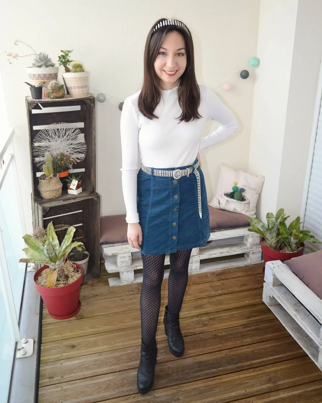 fall outfits with tights and skirt 2026 + Blue Jean Mini with a White Ribbed Sweater