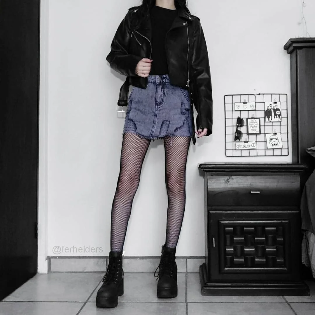 fall outfits with tights and skirt 2026 + Distressed Jean Mini and Fishnets with a Moto Jacket