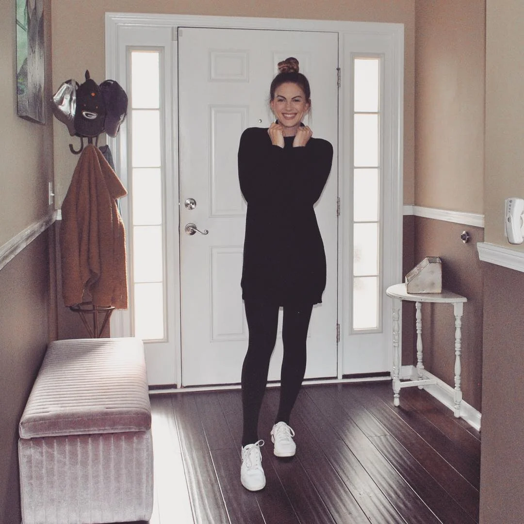 fall outfits with tights and sneakers 2026 + The Easy Black Sweater Dress And White Sneaker Combo