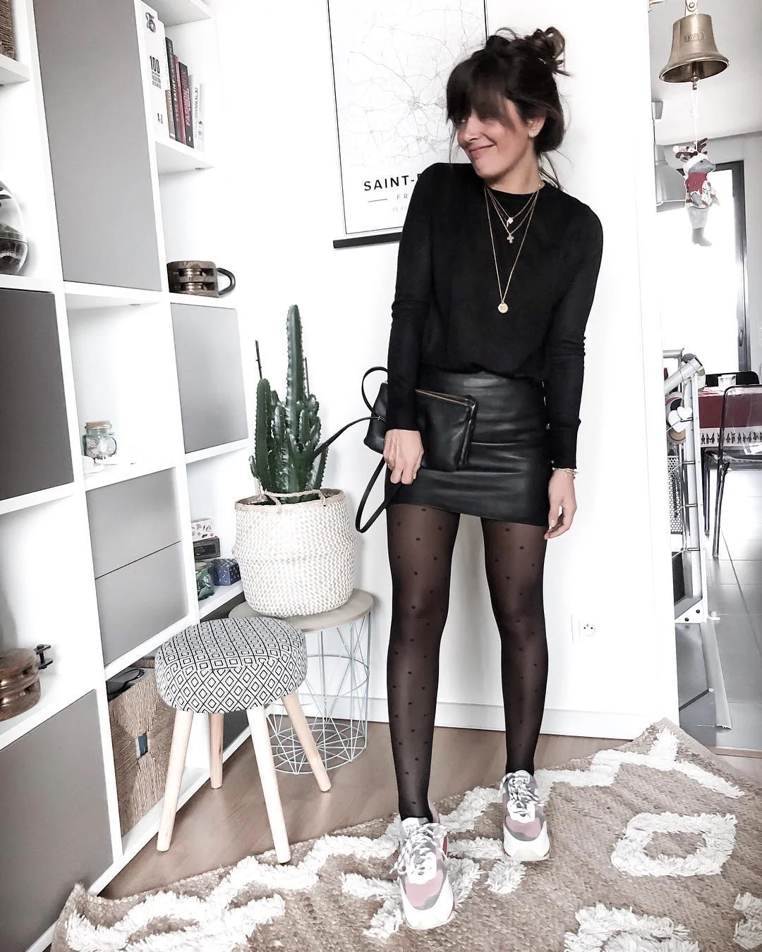 fall outfits with tights and sneakers 2026 + Leather Mini Skirt With Dotted Tights And Soft Sneakers