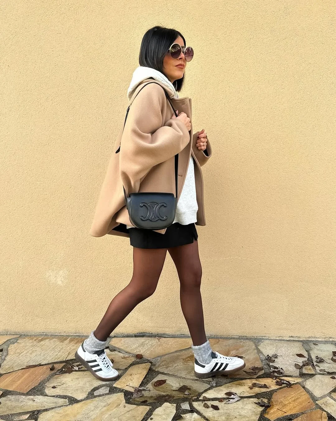 fall outfits with tights and sneakers 2026 + Hoodie, Coat, Mini Skirt, And Classic Sport Sneakers
