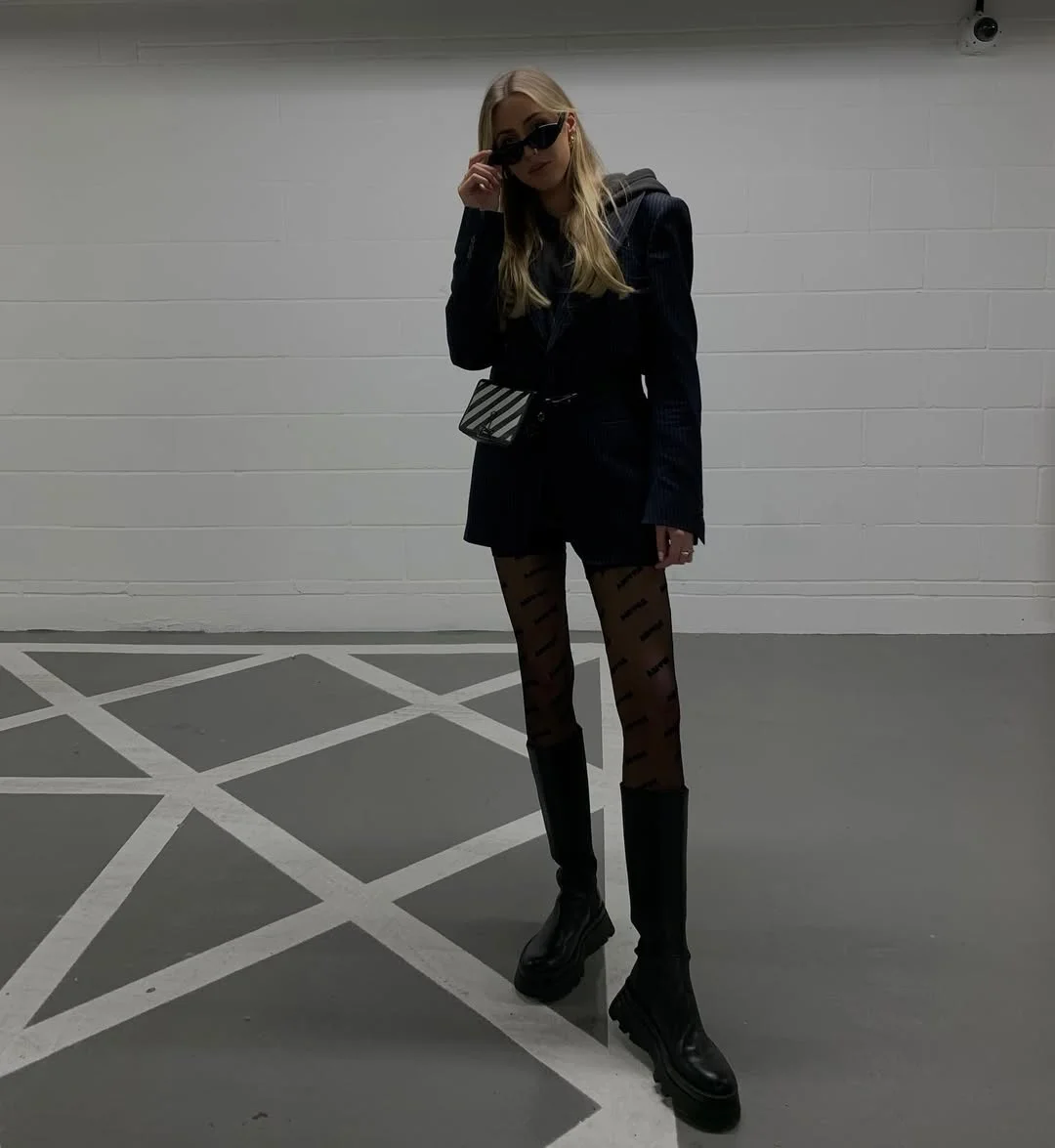 fall outfits with tights and sneakers 2026 + Dark Tailoring With Logo Tights And A Sporty Swap