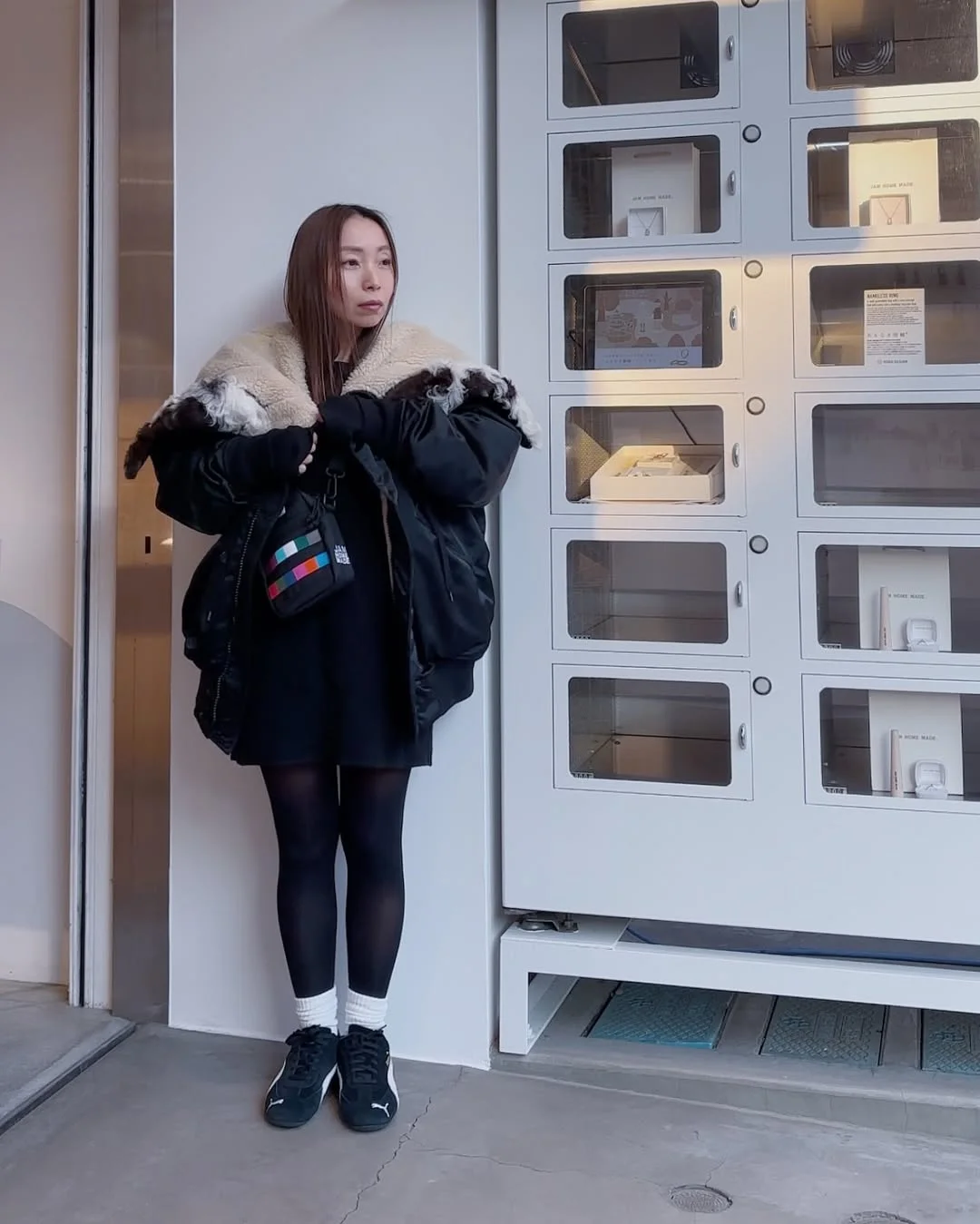 fall outfits with tights and sneakers 2026 + Oversized Shearling Jacket With Sporty Black Sneakers
