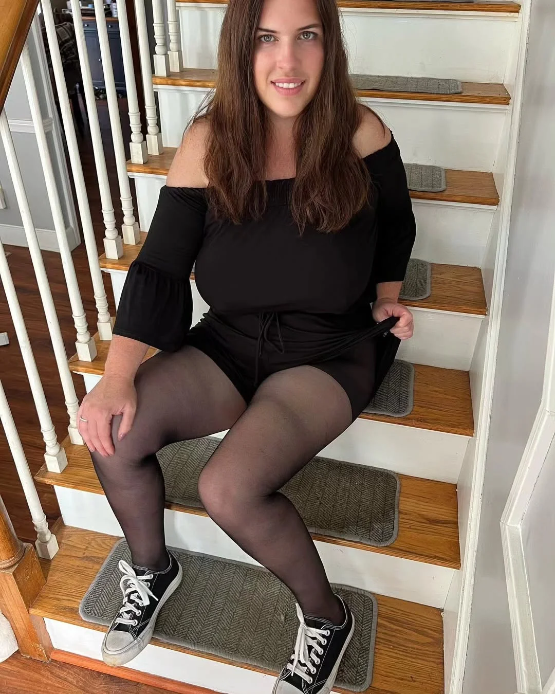 fall outfits with tights and sneakers 2026 + Off-Shoulder Black Set With Sheer Tights And High-Top Sneakers