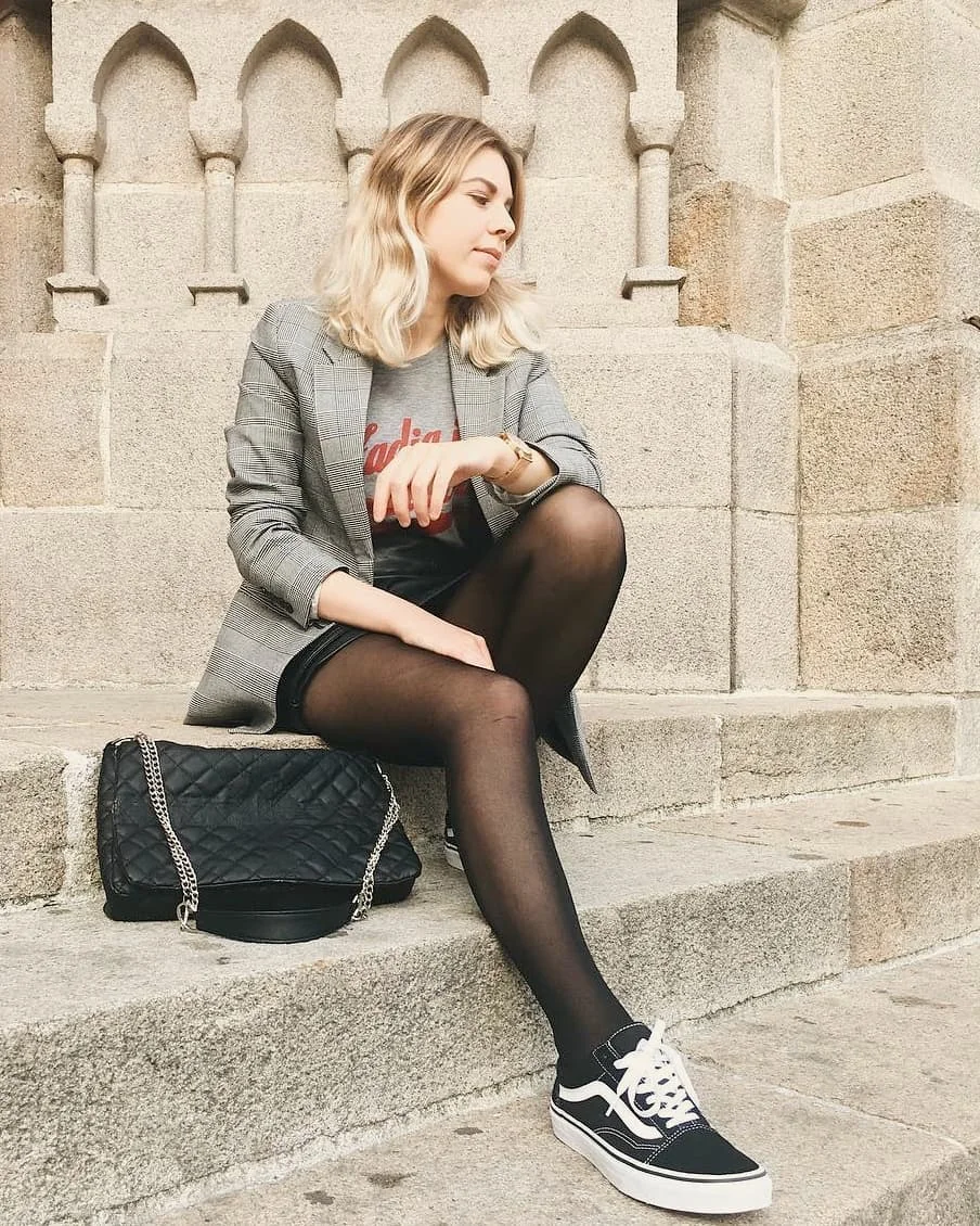 fall outfits with tights and sneakers 2026 + Plaid Blazer With A Mini Skirt And Skate Sneakers