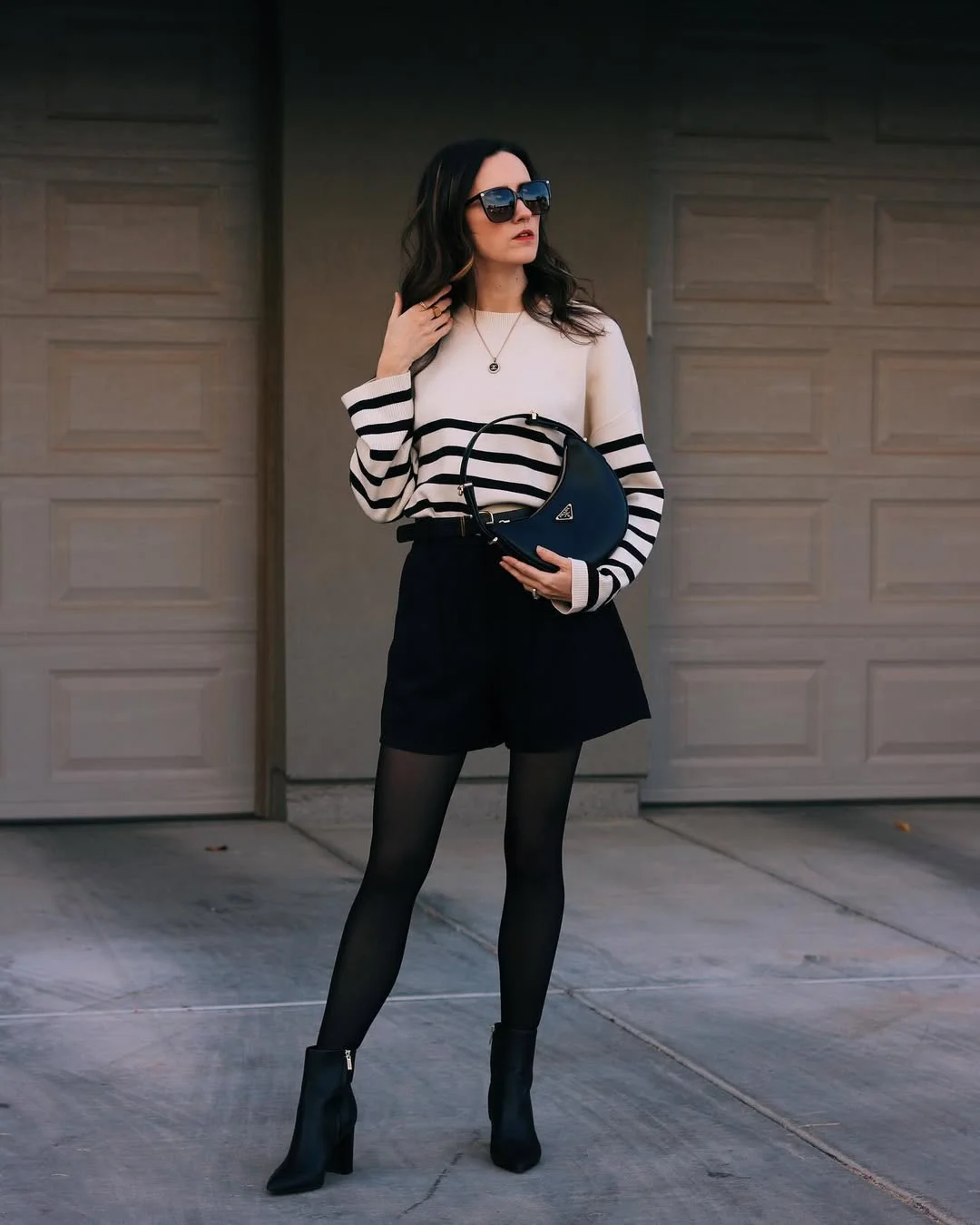 fall outfits with tights and sneakers 2026 + Striped Knit And Black Tights With A Sleek Fall Edge