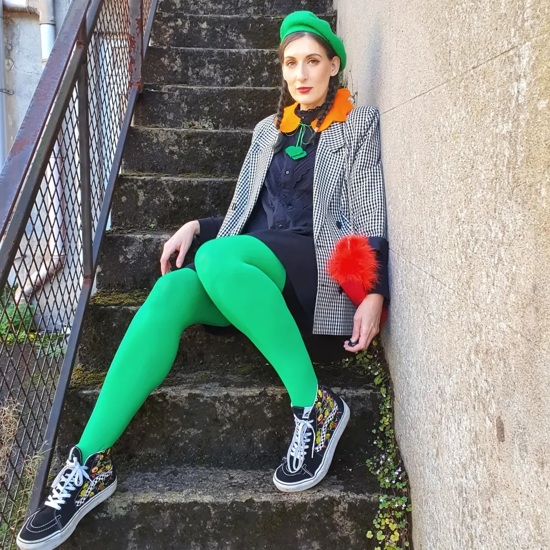 fall outfits with tights and sneakers 2026 + Bright Green Tights With Patterned High-Top Sneakers