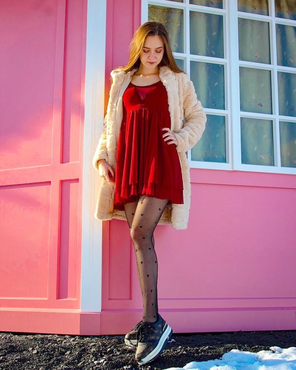 fall outfits with tights and sneakers 2026 + Red Dress Energy With Sheer Patterned Tights