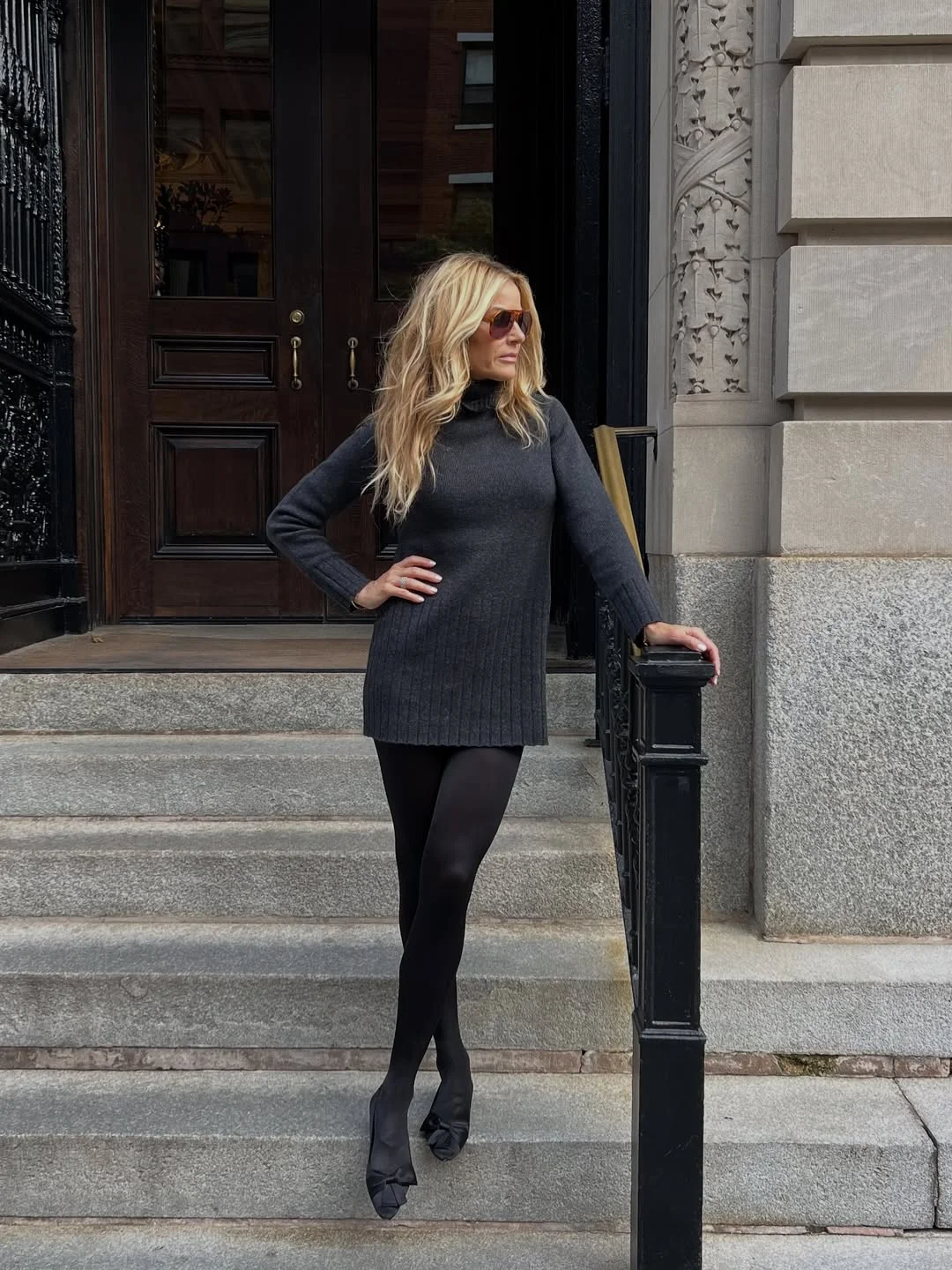 fall outfits with tights and sneakers 2026 + Gray Sweater Dress With Sleek Black Tights
