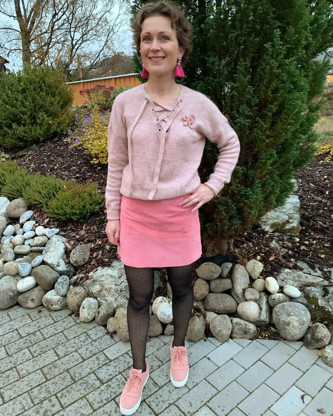 fall outfits with tights and sneakers 2026 + Blush Pink Mini Skirt With Dotted Tights