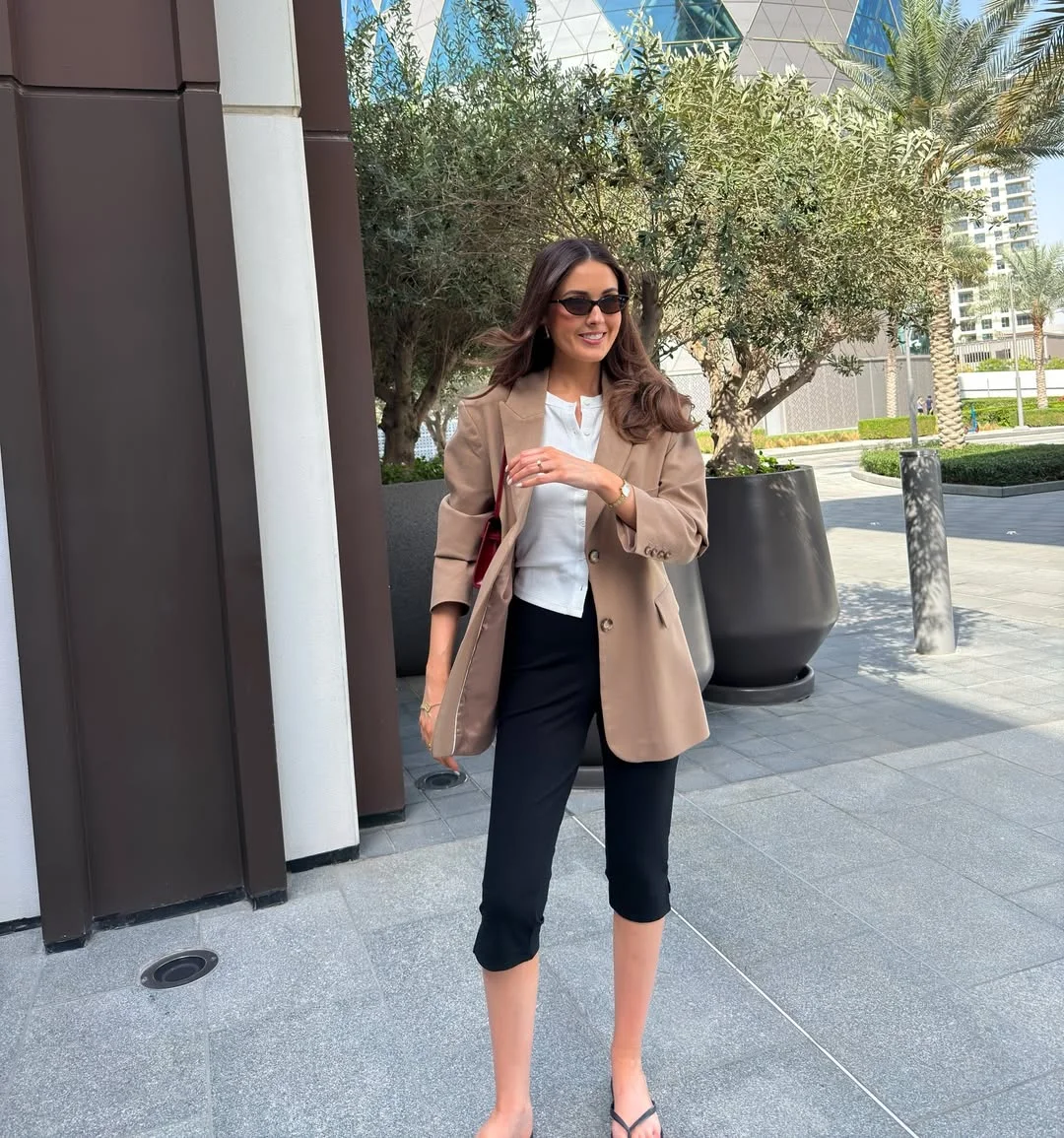 fall pants outfits for women 2026 Beige Blazer With Cropped Black Pants