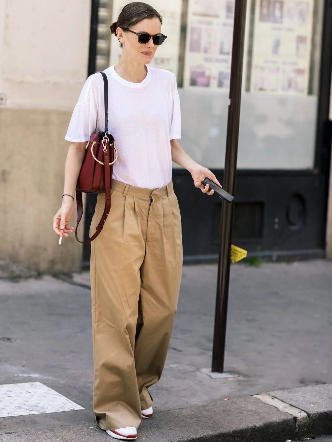 fall pants outfits for women 2026 White Tee With Tan Pleated Trousers