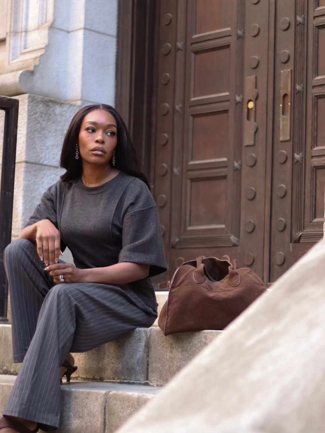 fall pants outfits for women 2026 Charcoal Top With Gray Pinstripe Pants