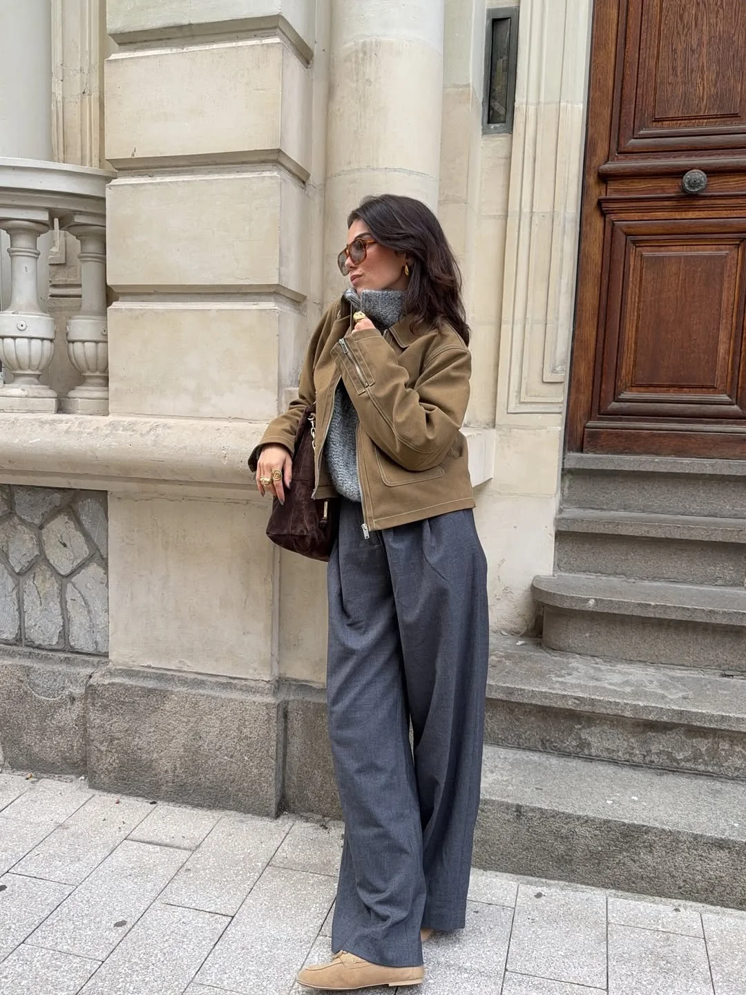 fall pants outfits for women 2026 Gray Wide-Leg Trousers With A Cropped Camel Jacket