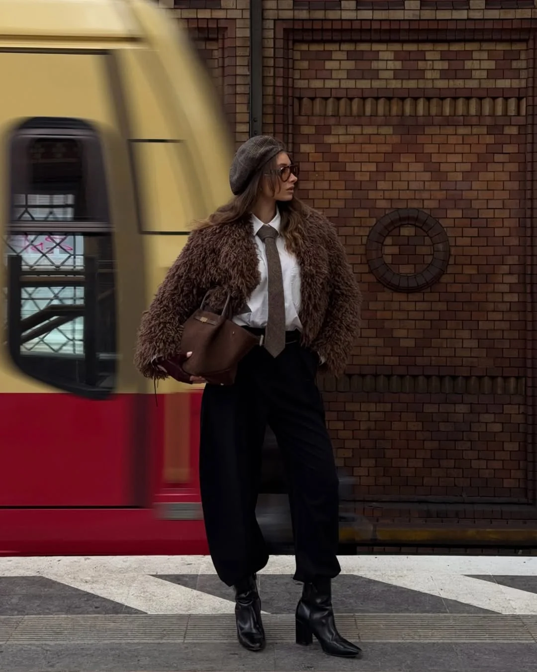 fall pants outfits for women 2026 Furry Jacket Tie And Black Tailored Pants
