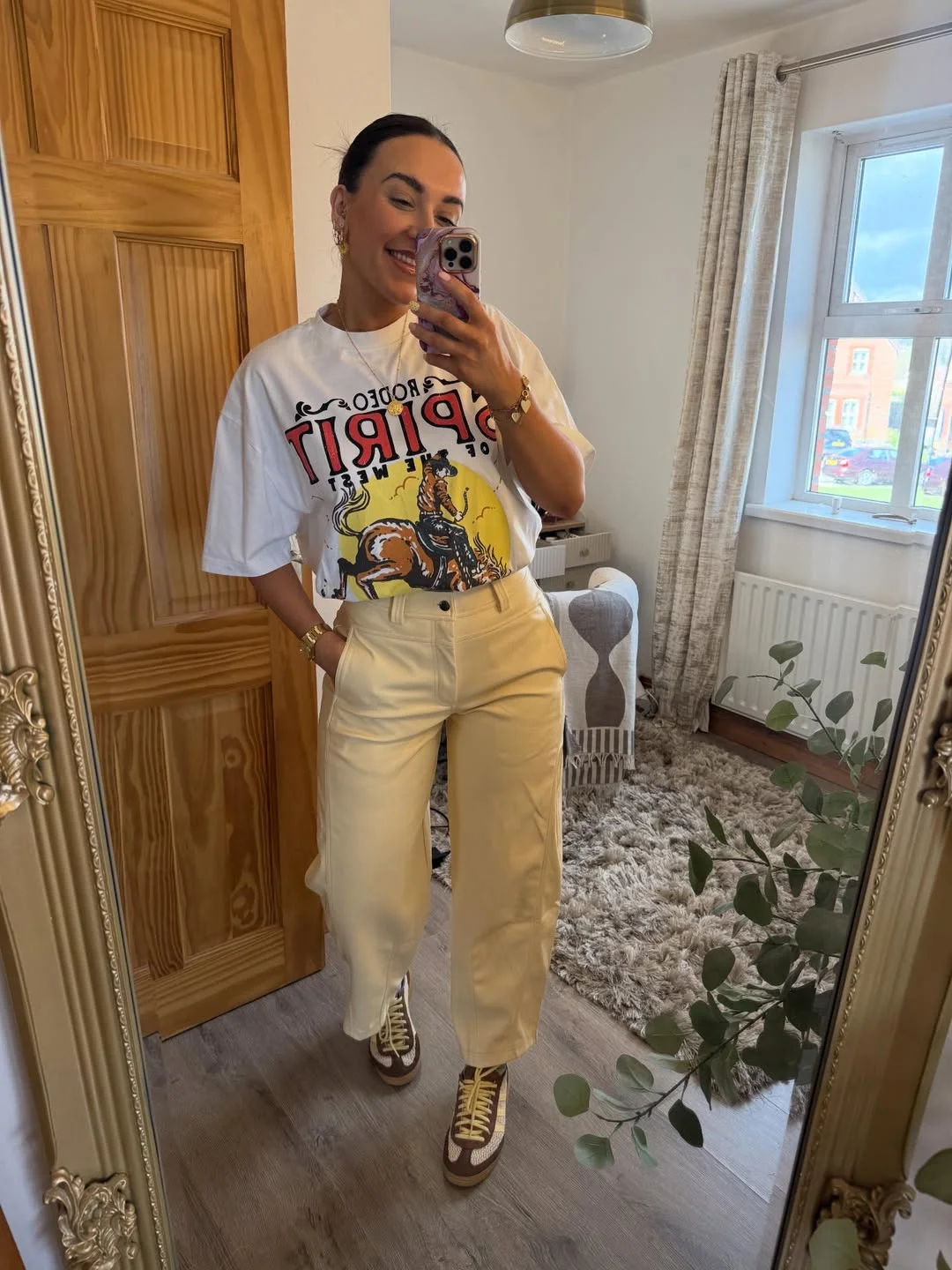 fall pants outfits for women 2026 Graphic Tee With Cream Barrel Pants