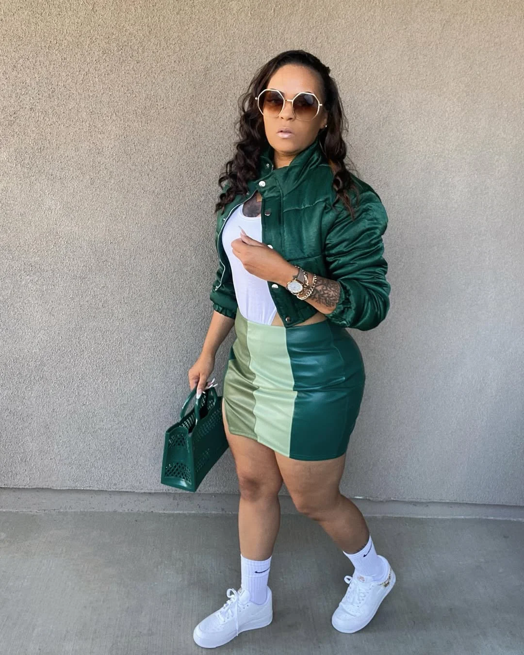 fall skirt and sneakers outfits 2026 + Green Color-Block Mini Skirt With White Sneakers And A Cropped Jacket