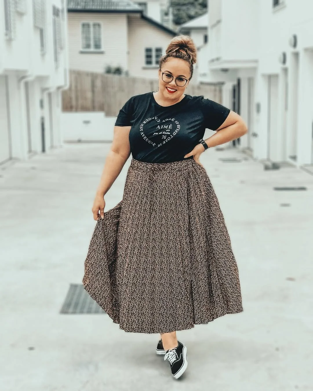 fall skirt and sneakers outfits 2026 + Leopard Maxi Skirt With A Graphic Tee And Black Vans